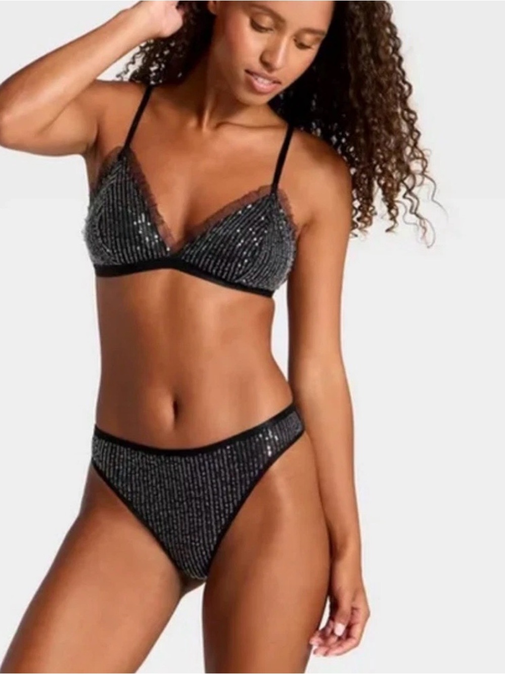 Wild Fable Black Sequin Bralette & High-Cut Brief Set